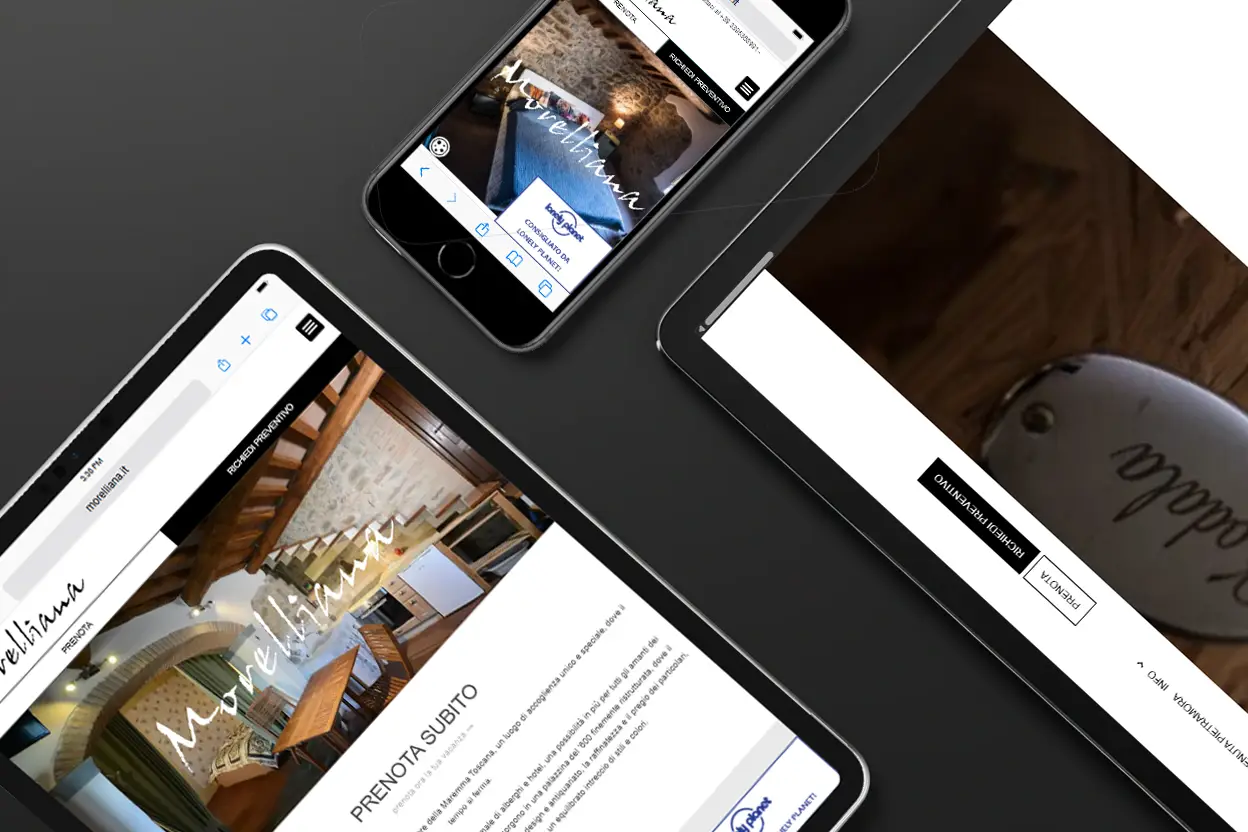 Multiple devices displaying the Morelliana website; phone, tablet, laptop.
